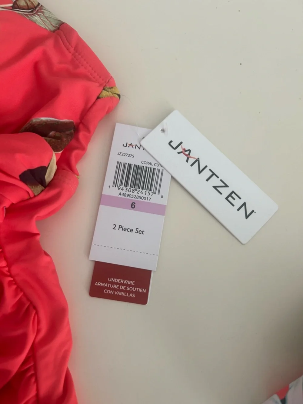 NWT Jantzen Adjustable Strap V-Neck Tankini w/ Comfort Brief Coral Botanical 6